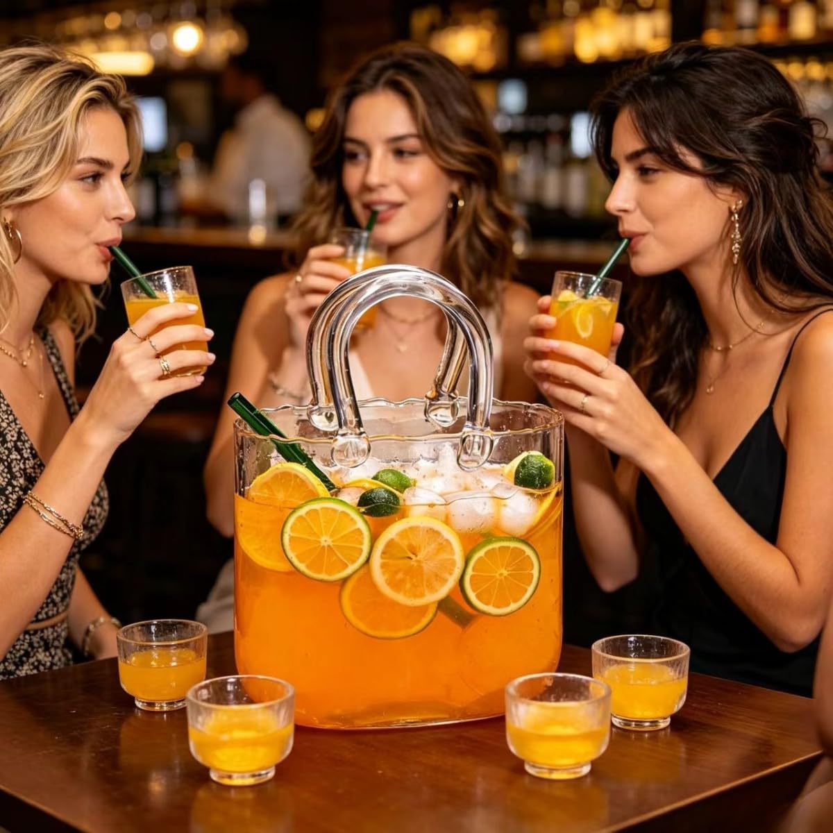 Set di brocche in vetro a forma di borsa con 6 tazze e cucchiaio, caraffa in vetro borosilicato per succhi, cocktail, fiori, decorazioni per feste e bar
