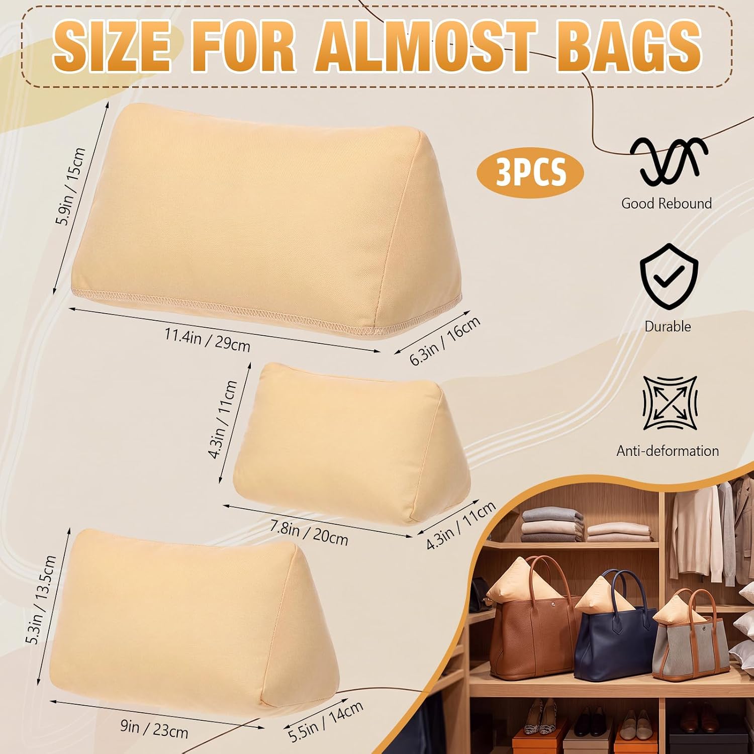 Xuhal 3 Pcs Triangle Purse Shaper Pillow, 3 Sizes, Golden