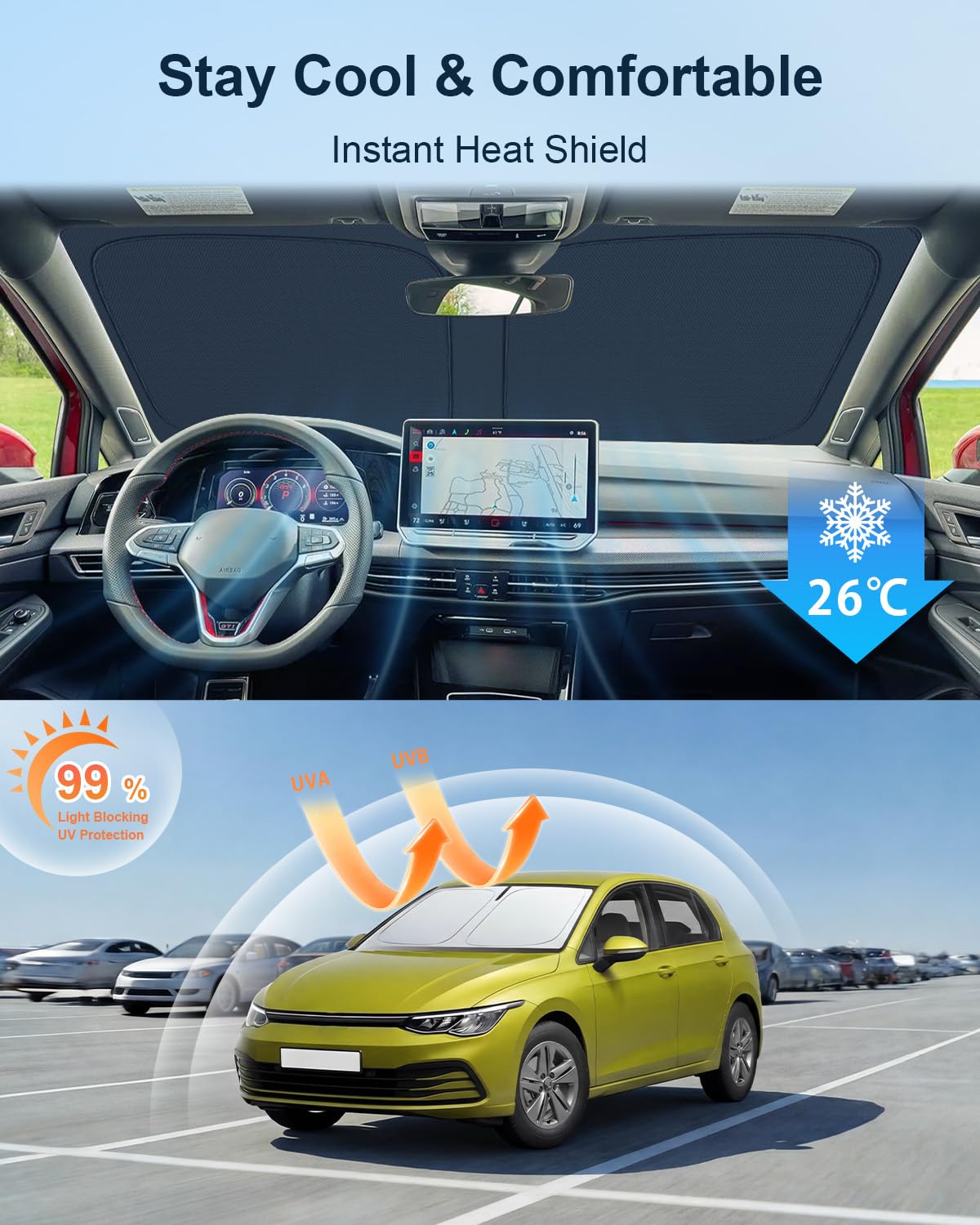 BIXUAN Osłona przeciwsłoneczna na przednią szybę, kompatybilna z VW Golf 8 MK8 GTI GTE 2020-2025 2026, osłona przeciwsłoneczna na przednią szybę, składany parasol przeciwsłoneczny z ochroną przed