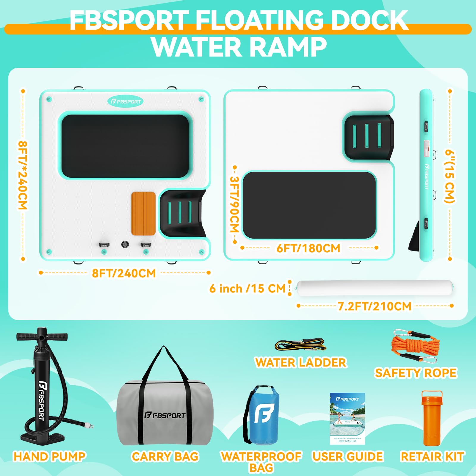 Aufblasbarer Schwimmsteg, Große aufblasbare Schwimmplattform, aufblasbare Insel | 240×240cm hundefreundliche Schwimmplattform mit Hunderampe und Kopfstütze, Wasserfloß für Pool, See, Strand und Ozean