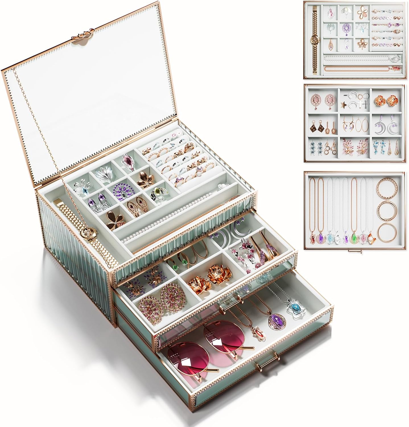 Large jewelry boxes & organizers - 3-Layer Glass Jewelry Organizer with Velvet Lining and Copper Handles - for Rings, Earrings, Necklaces, Bracelets, and Watches. white gold