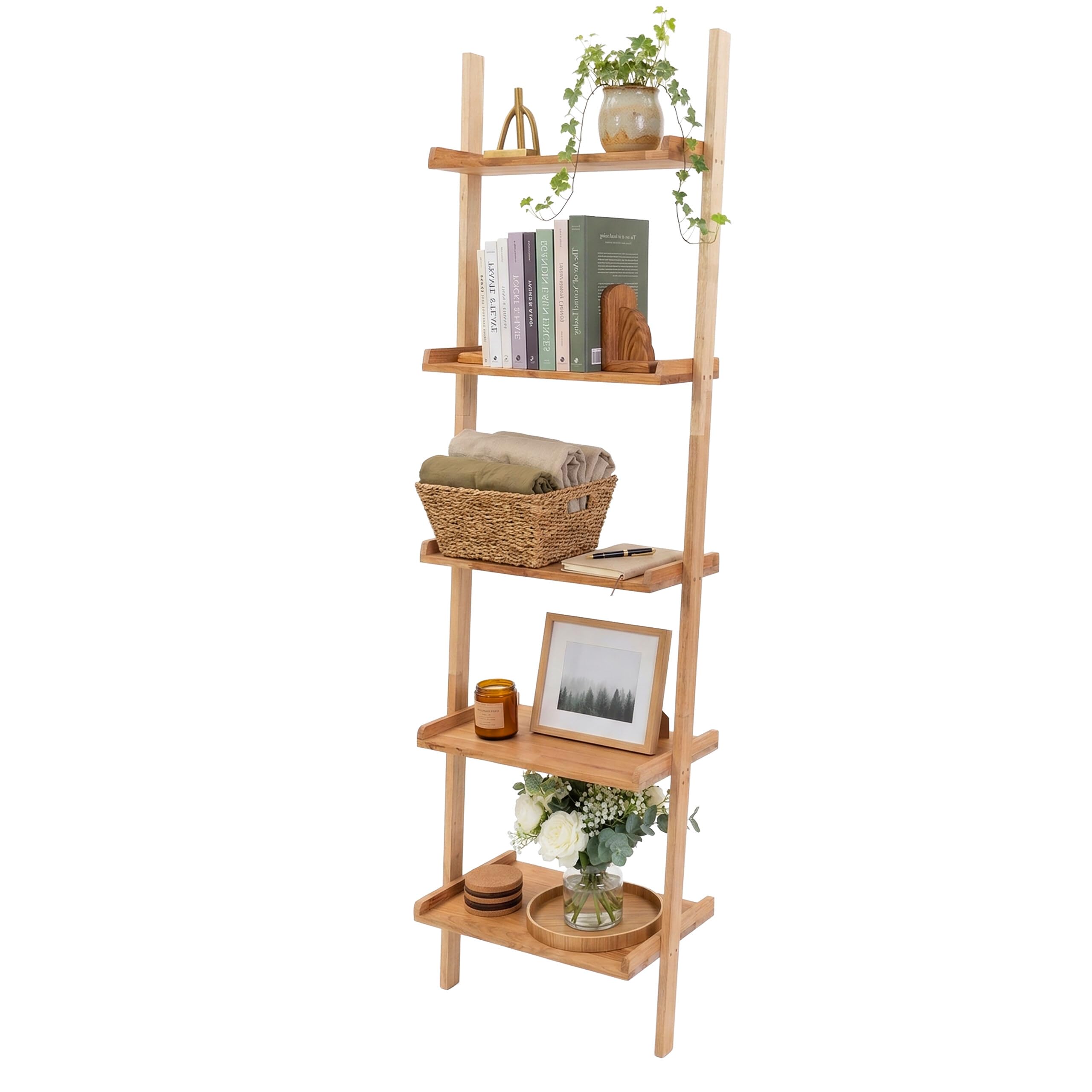 Relaxdays Leiterregal Walnussholz, 5 Etagen, Bad, Küche, Wohnzimmer, Standregal zum Anlehnen, HBT: 189x56x33 cm, Natur
