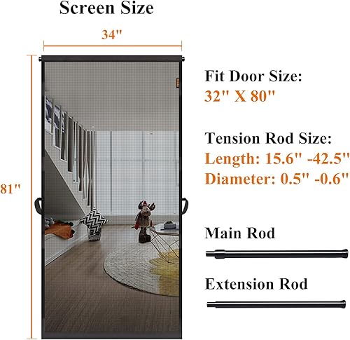 Miniatura 3 de MAGZO Puerta mosquitera para colgar, se adapta a puertas de 32 x 80 pulgadas (tamaño de cortina de 34 x 81 pulgadas), malla de fibra de vidrio