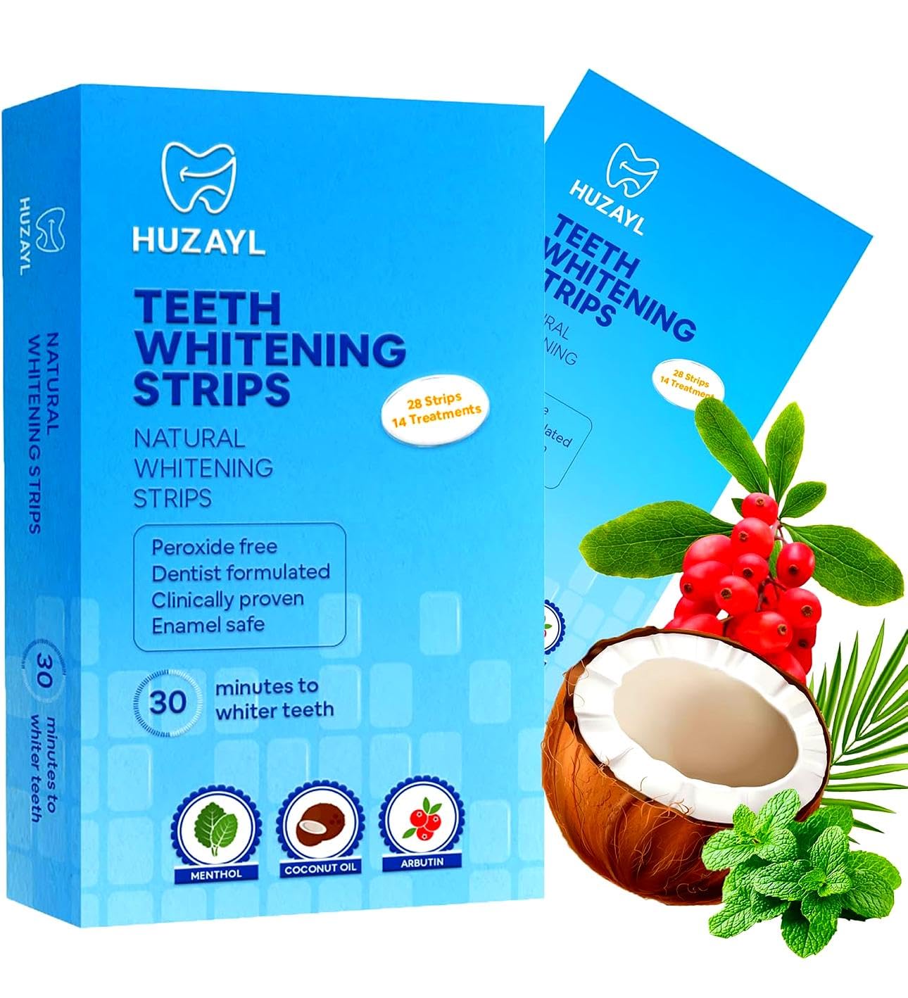 Huzayl Teeth Whitening Strips - 14 Treatments, Peroxide-Free, Enamel Safe, Deep Stain Removal, Teeth Whitening with Pap Formula for Fast Results, 28 Strips