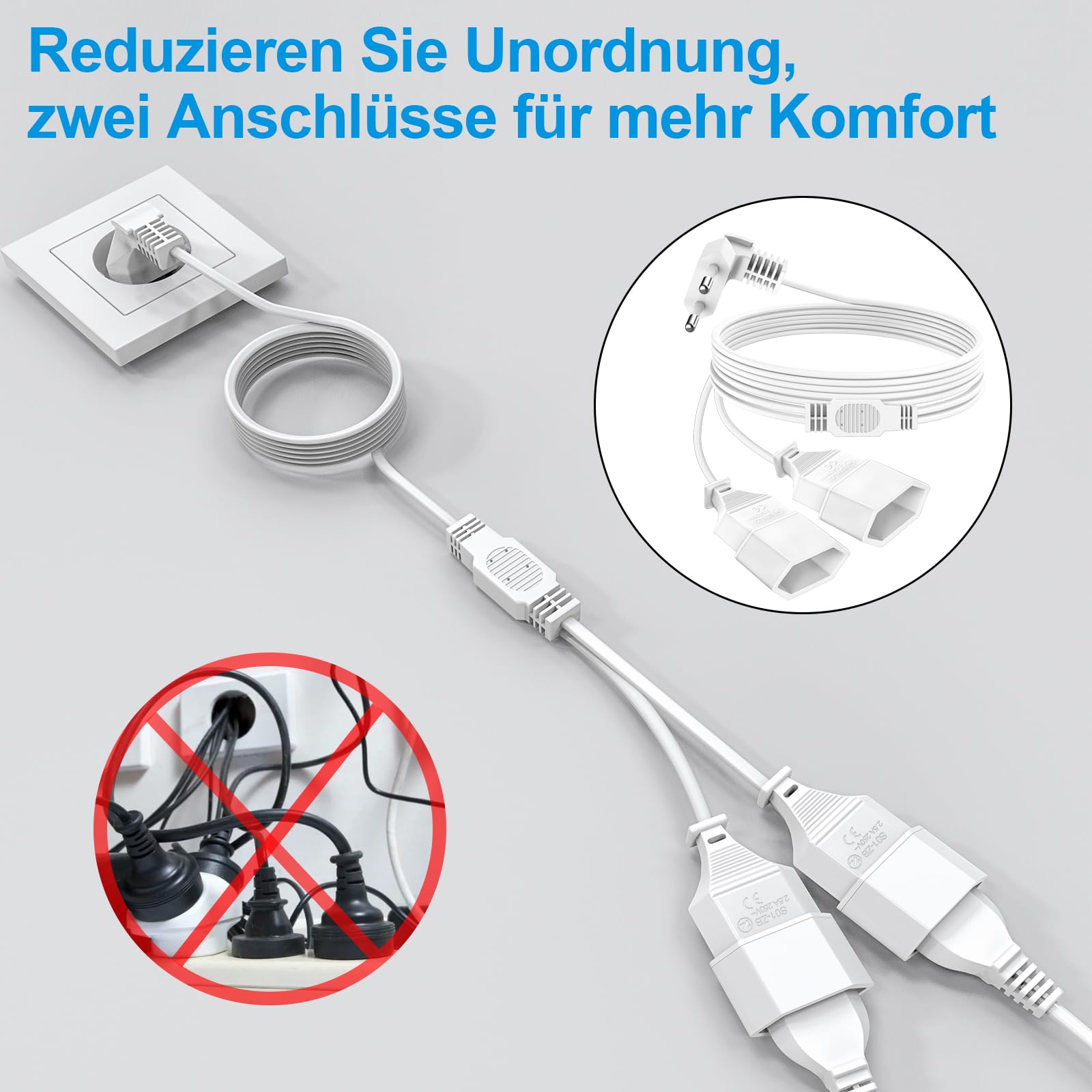 RIIEYOCA 3-in-1 Euro Cavo di Prolunga Piatto, Spina Piatta di Tipo C Corta a Presa Multipla Distributore di Spina Euro, 2,5A 250V 0,75 mm² per Monitor, TV, Elettrodomestici