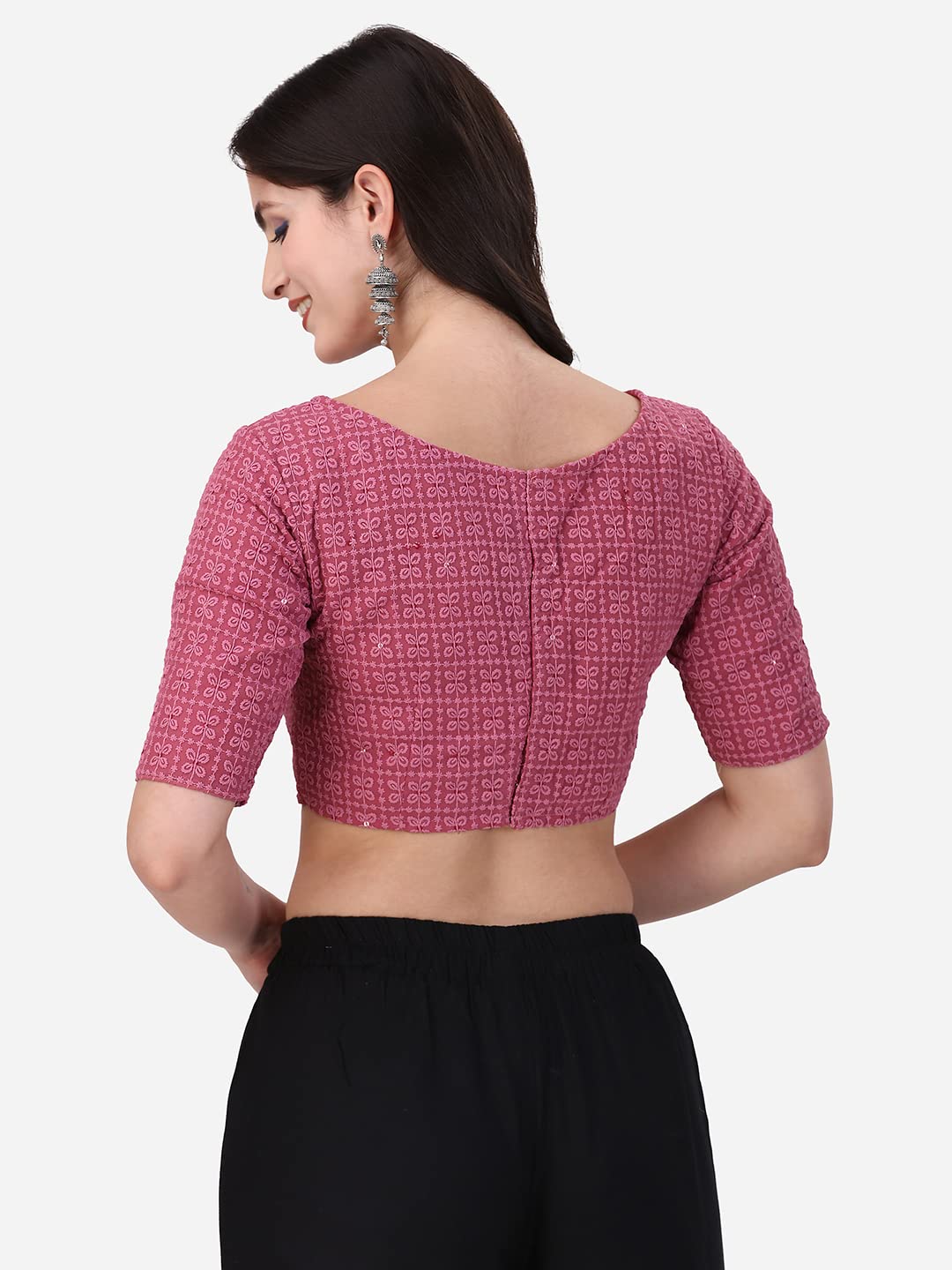 OOMPH! Traditional Cotton Schiffli Fabric Blouse for Women |Elbow Length Sleeves | Wedding & Festival wear | Comfortable & Trendy Ethnic Wear | Readymade Blouse for Saree & Lehenga - Image 4 thumbnail