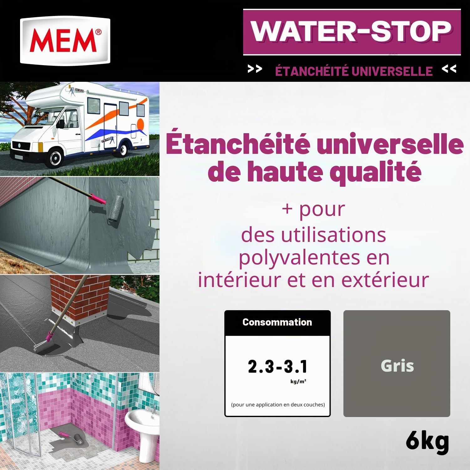 MEM Water Stop - 6 kg - composé d'étanchéité - mastic universel et barrière contre l'humidité pour les toits, les murs, la baignoire et la douche par exemple - pontage des fissures - 30822568