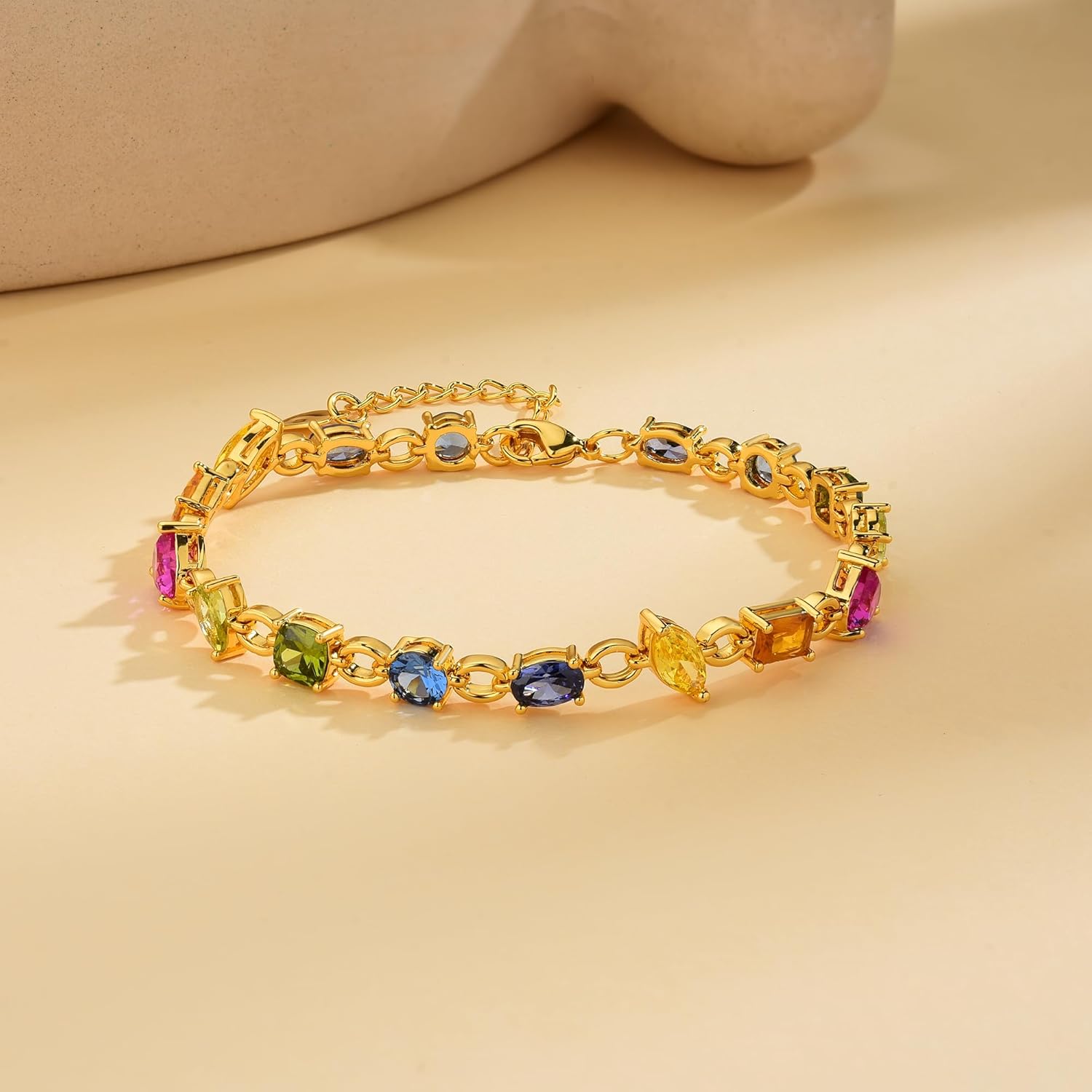Rainbow Prism CZ Tennis Bracelet for Women, Gold-Tone Brass Mixed-Cut Multicolor Stones, Adjustable Link Chain, Dainty Stackable Colorful Gift for Her