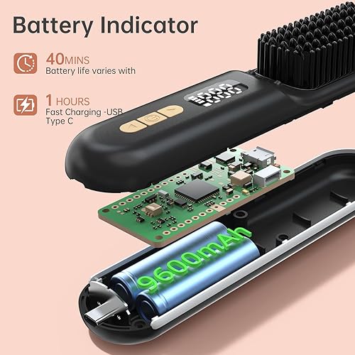 Miniatura 5 de Go Brush Pro - Cepillo alisador de pelo inalámbrico, mini cepillo alisador portátil con diamantes de cristal para viajes, peine caliente de iones
