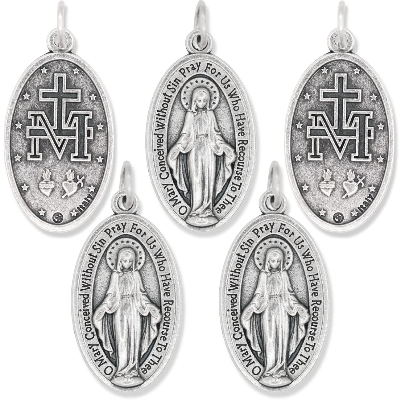 Pack of 5 - Large Oval Miraculous Medals in English (1.125", Silver Oxidized) - Made in Italy, Catholic Mary Pendant for Necklace