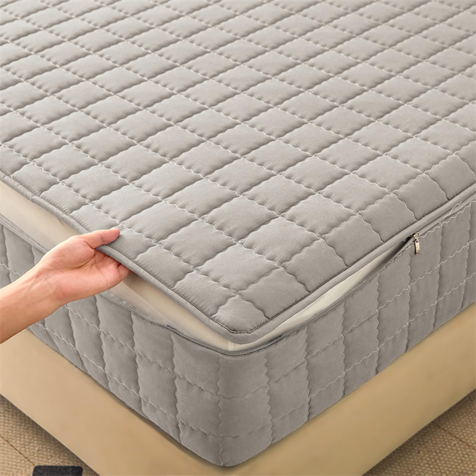 Zhaijyli D Full Cover Quilte Mattress Protector Zippe Mattress Topper Single/Double/King 135X190/200 Fitte Sheet Noiseless Breathable 6 Side Zipper Closure Full Encasement Covers Washable(135X190+20Cm,)