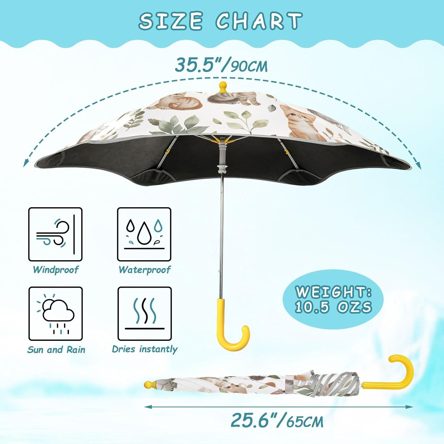 ODAWA Kitten Leaves Beige Stick Umbrellas with Reflective Strip Boy Girl Anti-UV Umbrella for Sun Age 3-8