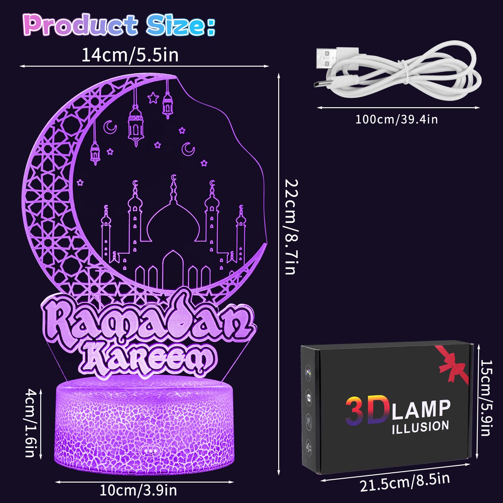 Dreamtop Ramadan Eid Night Light,Mubarak Eid Ramadan Decorations Moon 3D Ramadan Lamp with 16 Color Flashing,Eid Ramadan Decorations for Home Table Lights