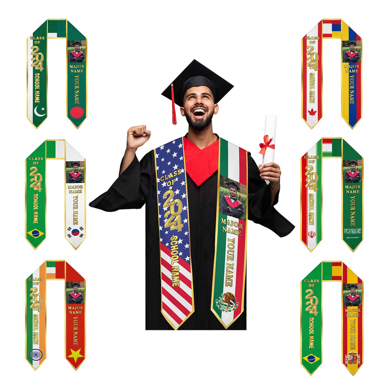 HTAPCHLY Personalized Mexico American Flag Graduation Stoles Class of 2024,Custom Graduation Gifts for International High School College Student