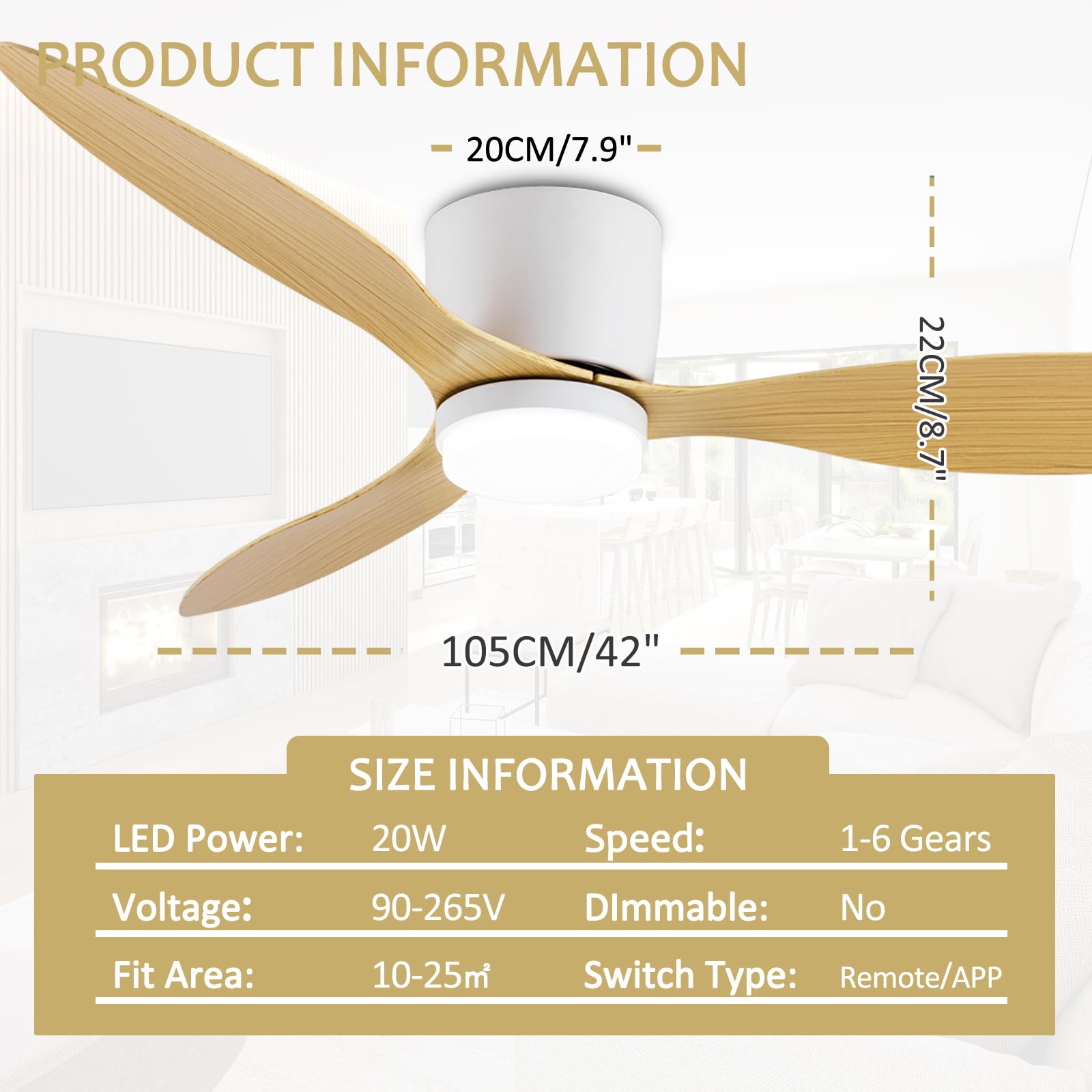 Ventilatori a soffitto con luci e Telecomando - Ventole silenziose a 6 velocità Interne con Timer, 3 CCT selezionabili, Motore DC Reversibile, Grano di Legno, 3 Lame per Soggiorno