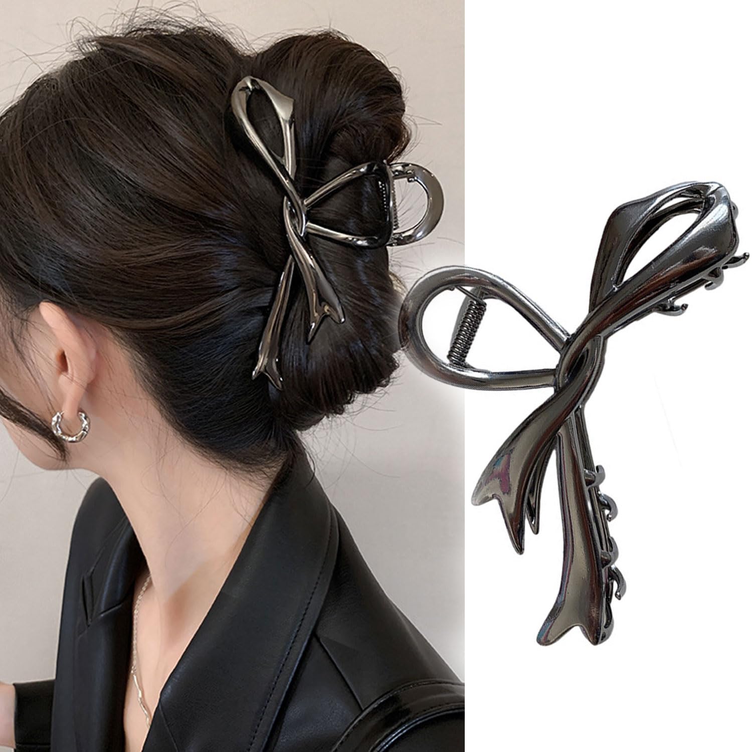 Black Ribbon Bow Metal Hair Clips Claw, 1Pcs 4.52Inch Hair Claw Clips for Thin Thick Hair Accessories Alloy Elegant Non-Slip Strong Hold Grip Hair Jaw