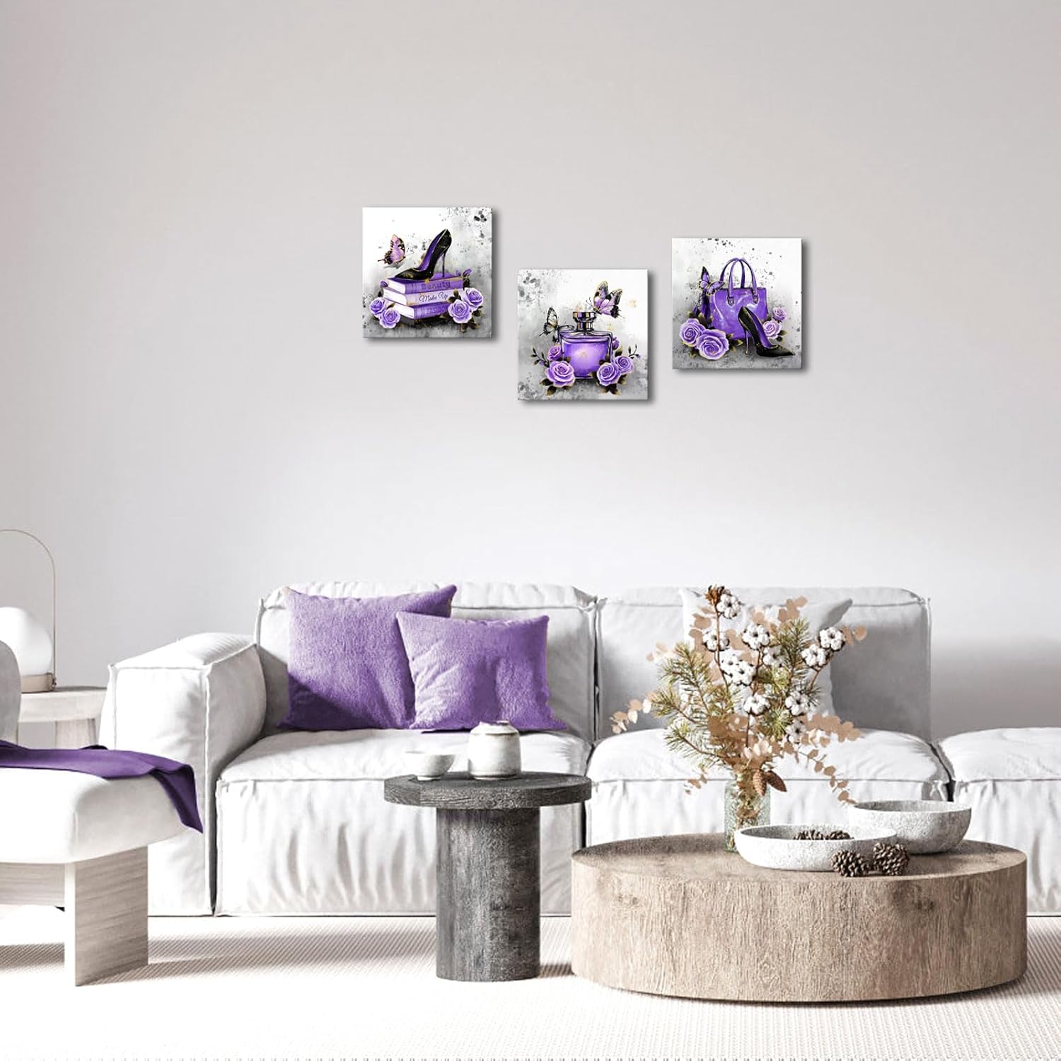 OuElegent Purple Grey Wall Decor Fashion Wall Art Handbag Perfume Pictures Fashion Paintings for Women 12''x12''x3(Purple)