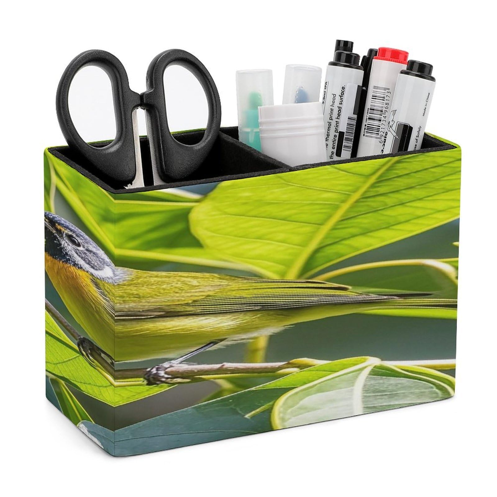 LZQPOEAS Green Leaves And Birds Leather Pen Holder with 2 Compartments Luxury Pencil Holder Minimalist Pencil Cup Brush Scissor Holders Elegant Pen Cup for Office Home Desk Accessories