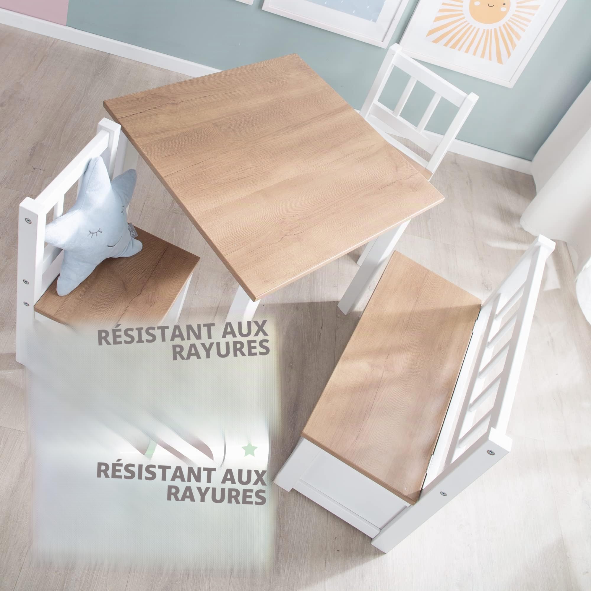 roba Ensemble Table et 2 Chaises Enfants Woody - Plateau et assises en Aspect Bois - Résistants aux Rayures - pour Filles et Garçons de 2 Ans et Plus - Blanc