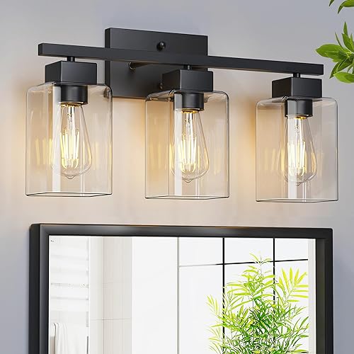 PARTPHONER Lámparas de baño de 3 luces, luces modernas de tocador negro mate, accesorios de iluminación de baño sobre espejo, apliques de pared de