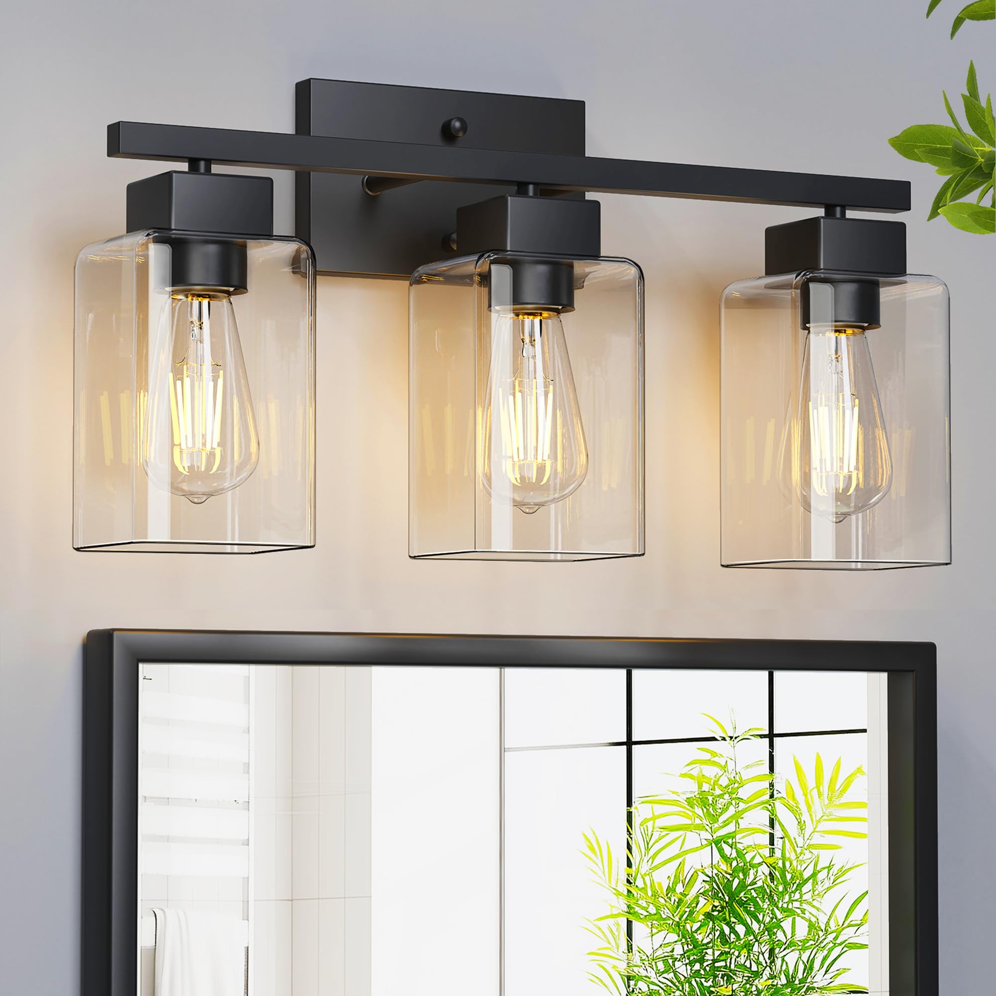 PARTPHONER 3-Light Bathroom Light Fixtures Matte Black Modern Vanity Lights Bathroom Lighting Fixtures Over Mirror Square Design Farmhouse