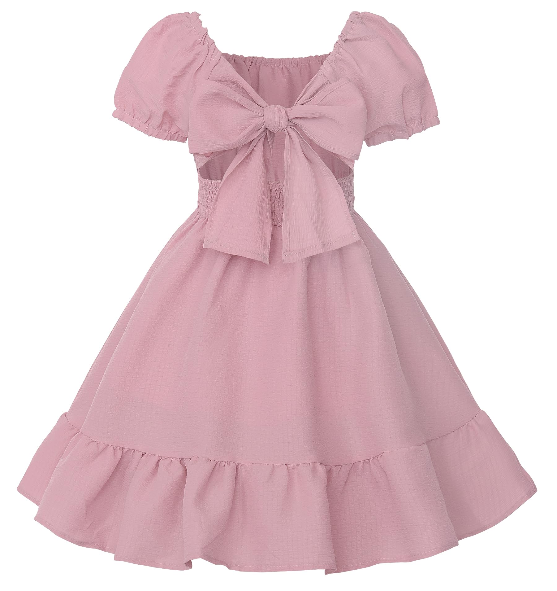 Uhnice Girls Summer Casual Dress Bow Tie Back Dresses Off Shoulder Ruffled Hem