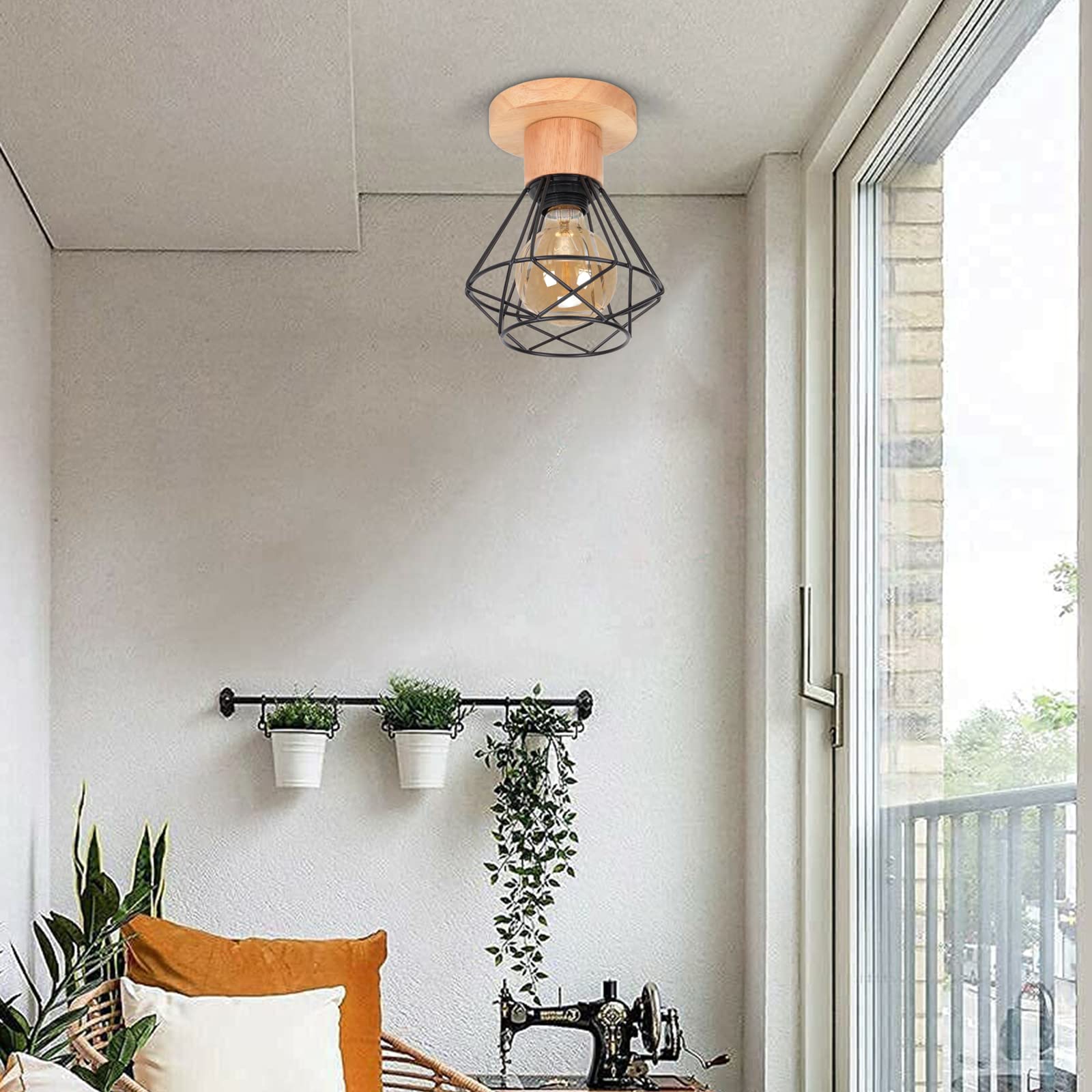 iDEGU Zestaw 2 lamp sufitowych przemysłowych, 16 cm Vintage E27 Retro żyrandol wisząca z żelaza i drewna Klatka Design Czarna lampa sufitowa do wejścia do przedpokoju sypialni kuchni