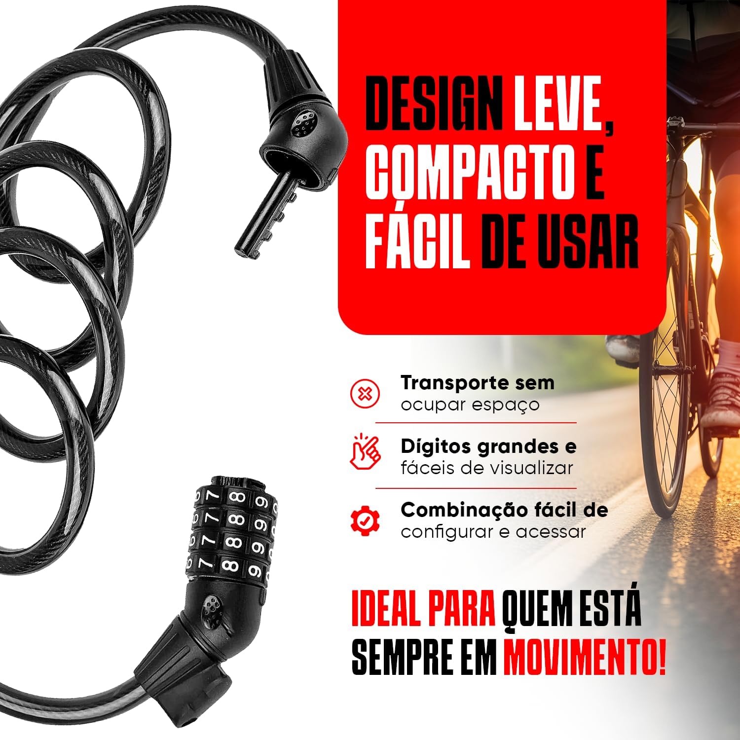 Cadeado para Bicicletas Bike com Senha Numérica 4 Dígitos Trava de Segurança Para Bike Motos Com Cabo de Aço Reforçado 100cm Premium