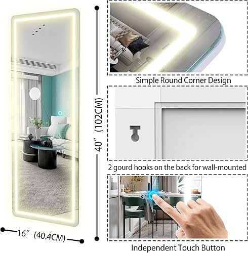 Miniatura 3 de Biyatuos Espejo de pared con luz LED de 40 x 16 pulgadas, espejo de longitud completa con luces, espejo para colgar sobre la puerta, espejo para