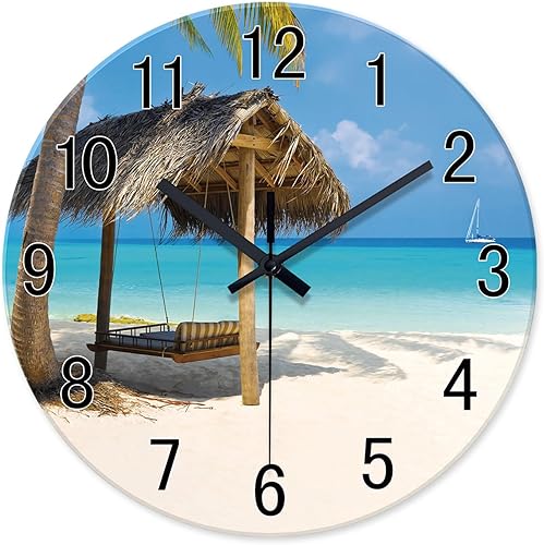 Miniatura 14 de XFM Reloj de pared de playa, silencioso, sin tictac, funciona con pilas, reloj de pared de 12 pulgadas con palmera tropical azul océano azul