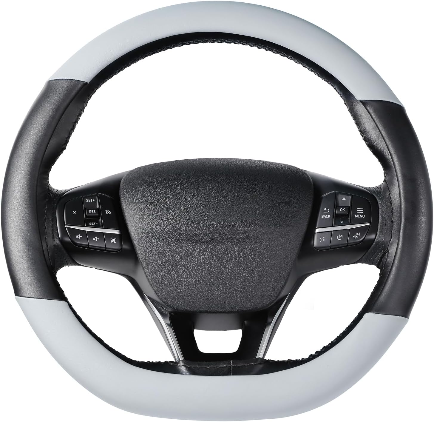 SEG DirectFlat Bottom Steering Wheel Cover, D Shaped Car Wheel Cover 37-39cm, Black Gray Microfiber Leather