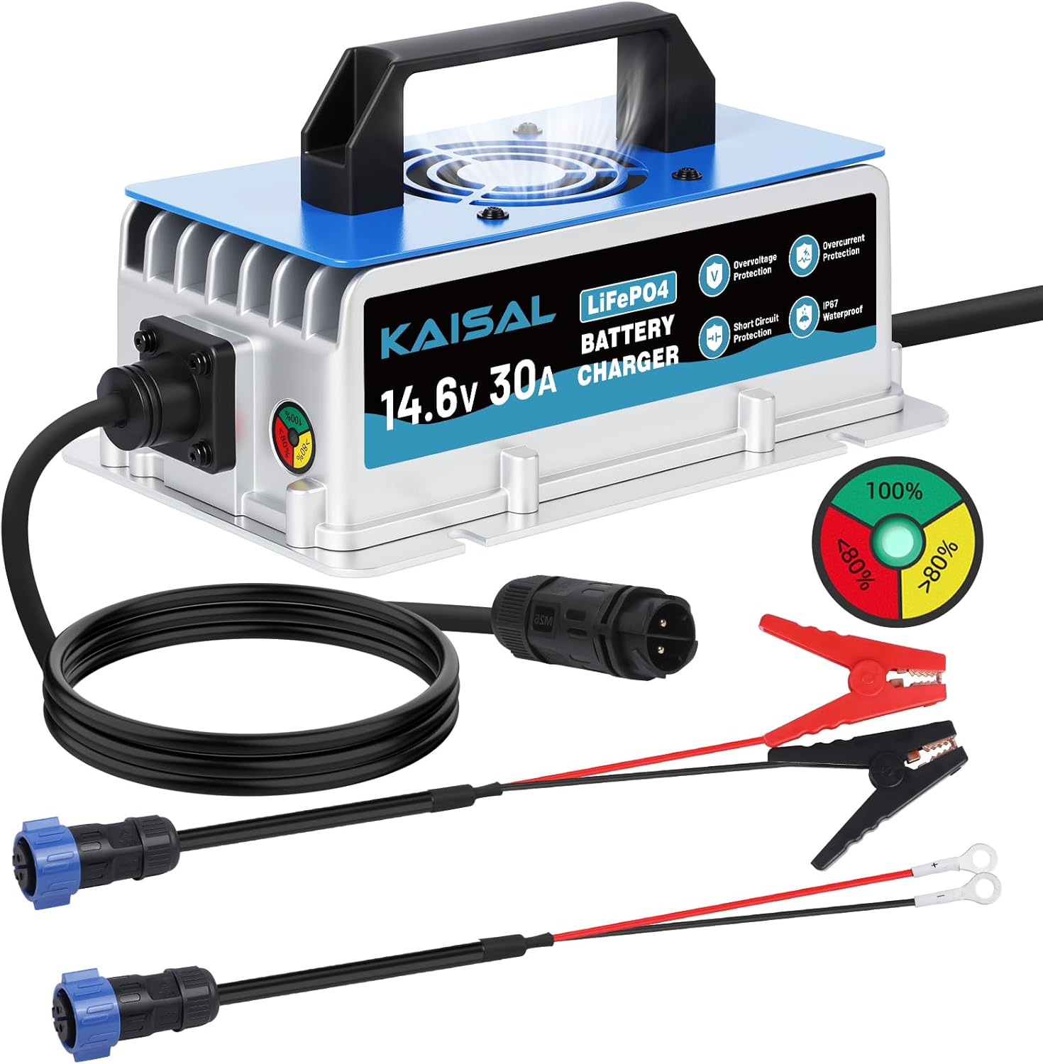 12V 30A Lithium Battery Charger 14.6V LiFePO4 Battery Charger IP67 Waterproof & 0V Wake Up 12 Volt Lithium Charger with 2 Connectors, 8 Protections for 12.8V LiFePO4 Battery of RV, Boat, Solar, Home