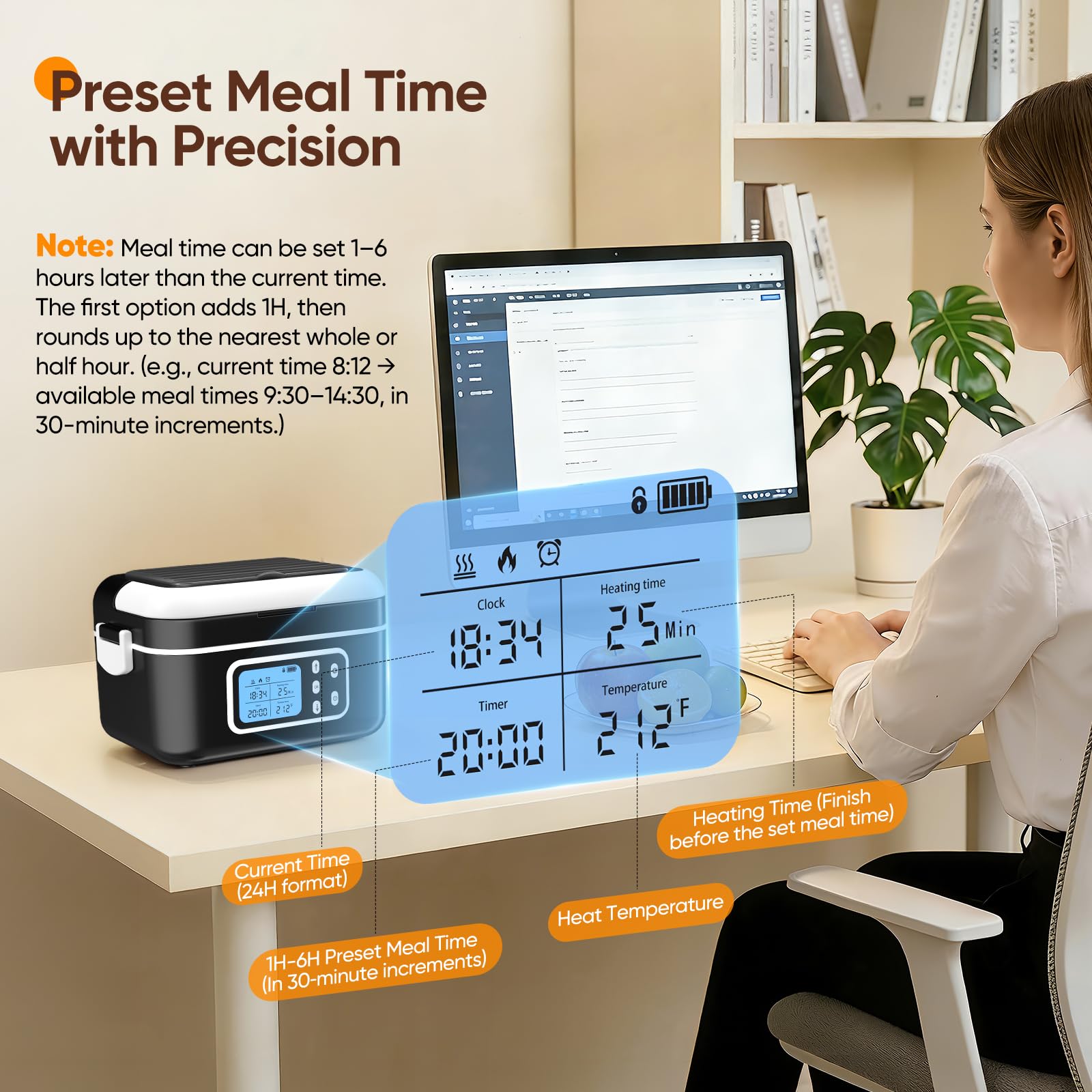 Pranzo Box Riscaldante, 1,5L Porta Pranzo Riscaldabile con Display LCD e Timer, Scalda Vivande Portatile Elettrico con Stoviglie in Acciaio Inossidabile e Borsa Termica per Auto Ufficio