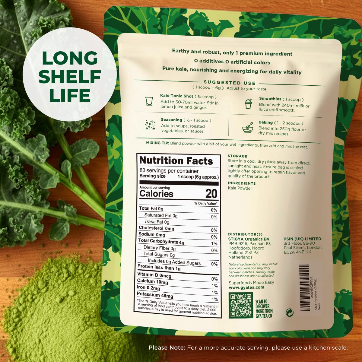 Gya Tea Co Kale Powder 1.1 lb (17.64 oz) - Natural Greens Superfood for Baking, Beverages, Smoothies, Drinks Mix, Gluten Free, Vegan Friendly, Non-GMO, No Additives