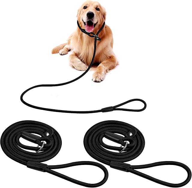 2Pack Slip Dog Lead, Nylon Lead Dog Leash Strong Rope Leash Slip Dog Leash,0.4 inch Diam Dog Training Lead for Small Medium Large Dogs,Reflective Mountain Climbing Rope Leashes (Black+Black)