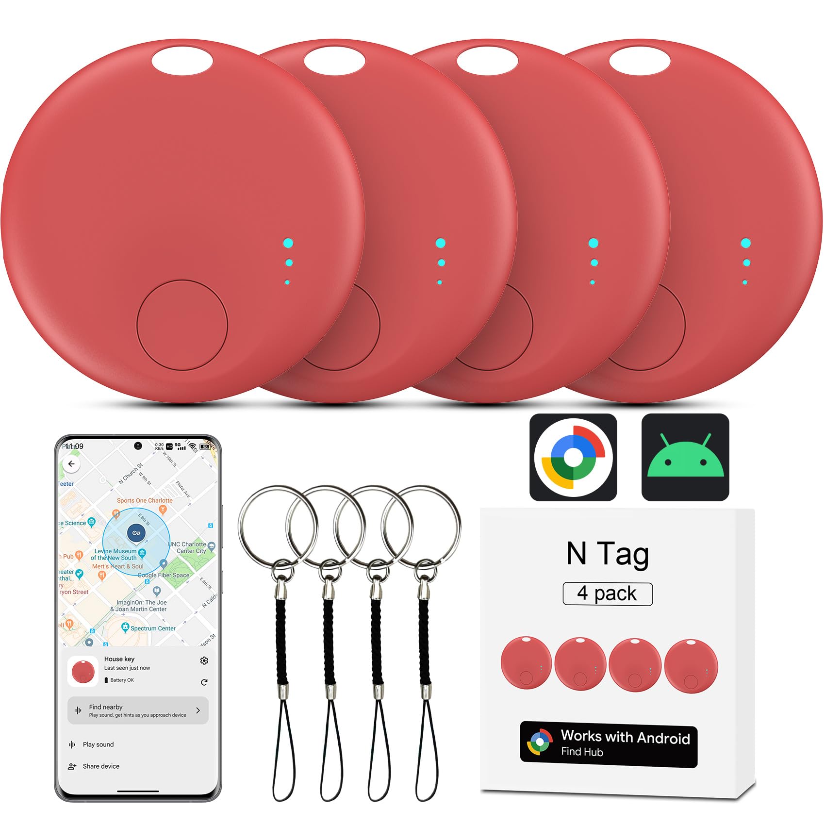 Air Tracker Android, 4 unidades Smart Tag Localizador de llaves compatible con Google Find Hub APP (Android solamente), rastreador Bluetooth para equipaje, cartera, maleta (rojo)
