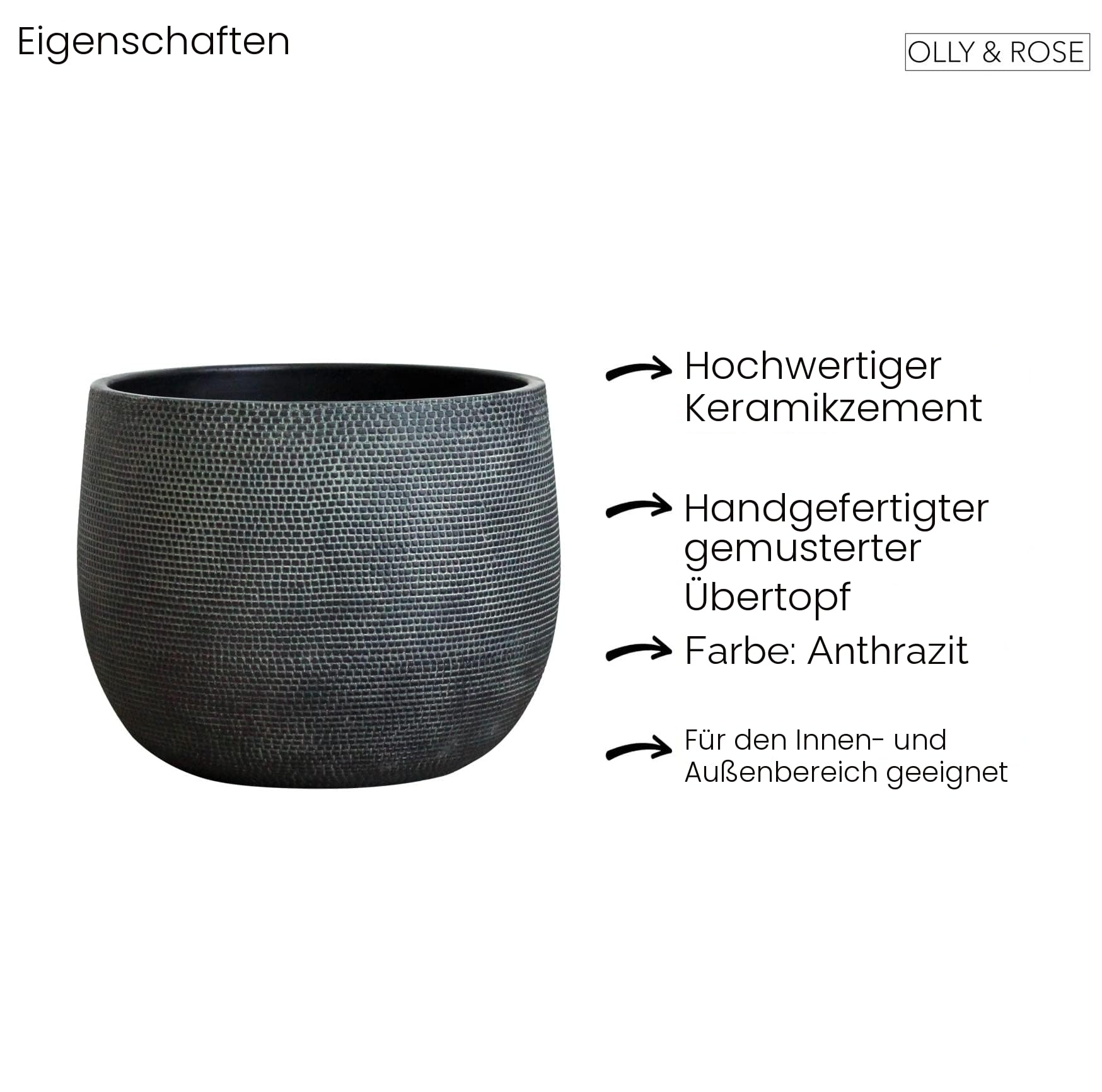 Olly & Rose Barcelona Keramik-Blumentopf, groß, 25 cm, Schwarze Blumentöpfe – Pflanztöpfe für drinnen und draußen