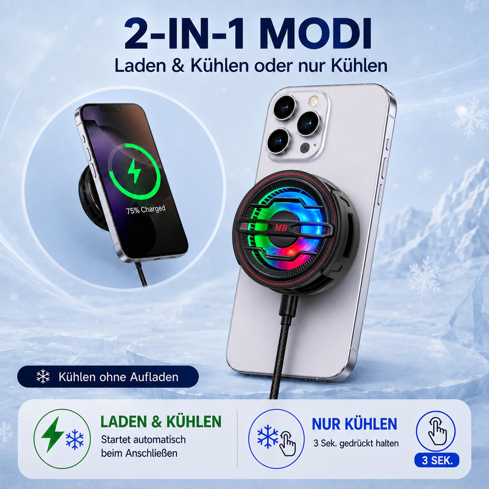 Refrigerador magnético para smartphone para videojuegos, refrigeración | 3 segundos. Enfriamiento rápido, carga y refrigeración al mismo tiempo, funcionamiento silencioso de 25 dB