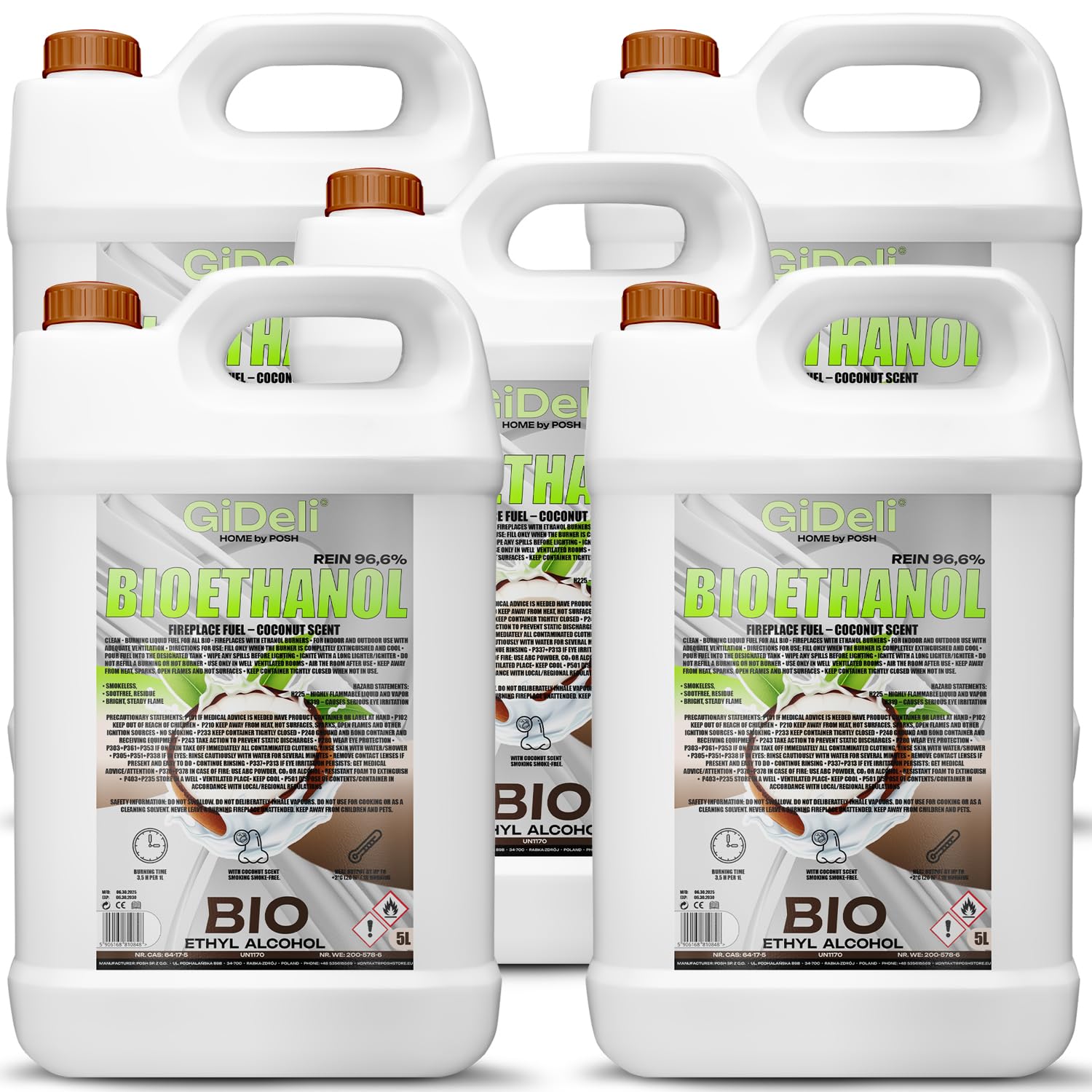 GiDeli Bioetanolo 5 x 5 l profumo di cocco 96,6% etanolo per camini interni ed esterni, senza fumo e fuliggine, da mais e barbabietola da zucchero