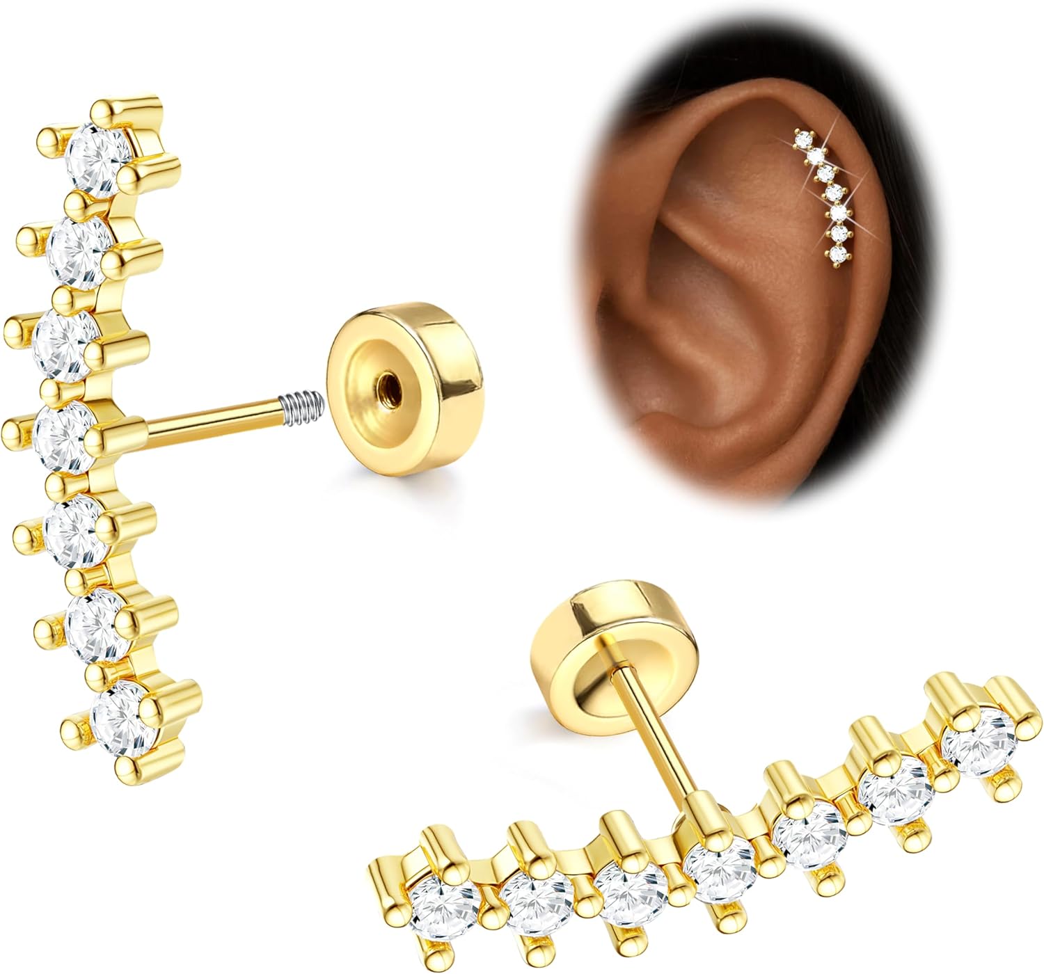 JeryWe Cartilage Earrings for Women Hypoallergenic Flat Back Earrings Surgical Steel for Sensitive Ears Flatback Stud Earring Helix Conch Tragus Daith Piercing Jewelry 16G