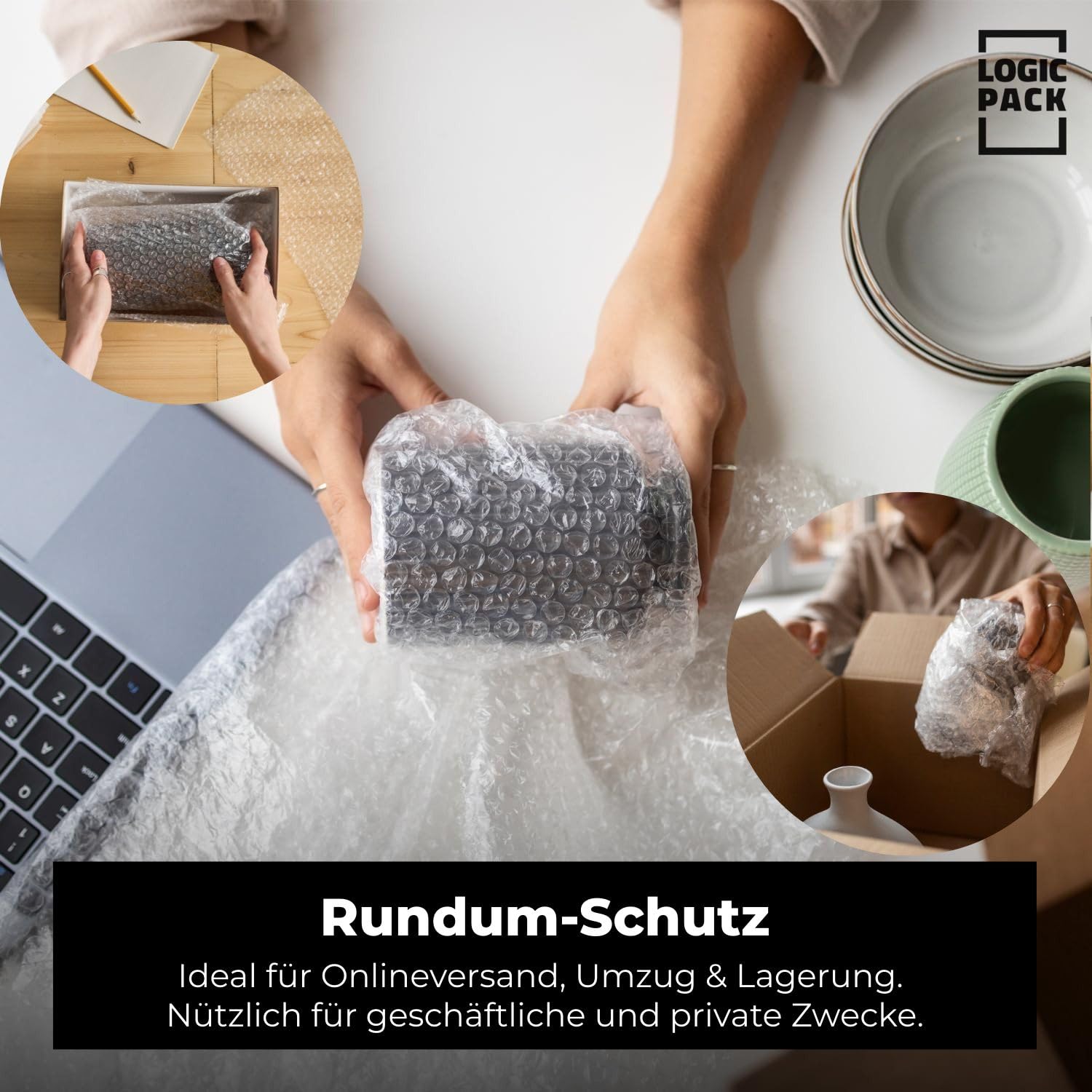 Luftpolsterfolie Rolle für Verpackung, Versand und Umzug 25m x 50 cm - Bubble Wrap Verpackunsgmaterial, 100% recyclingfähig, leicht zu schneiden, 2-schichtig 60my 4 Stück