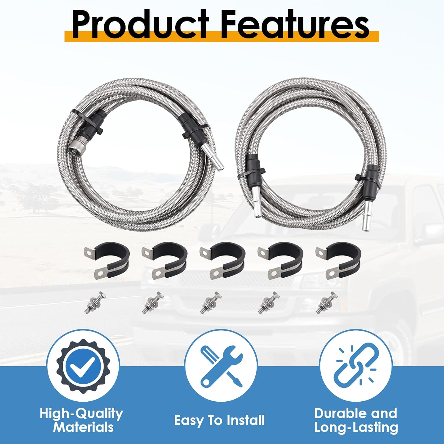 819-816 Stainless Steel Braided Fuel Lines Kit, Compatible with Silverado Sierra 1500 2500 3500 HD 2004-2010, Replace# 15946184 15946199 15946178 19356397