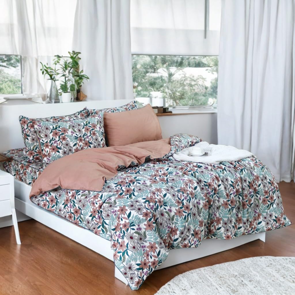 Parure de lit 100% coton double motif botanique terre cuite