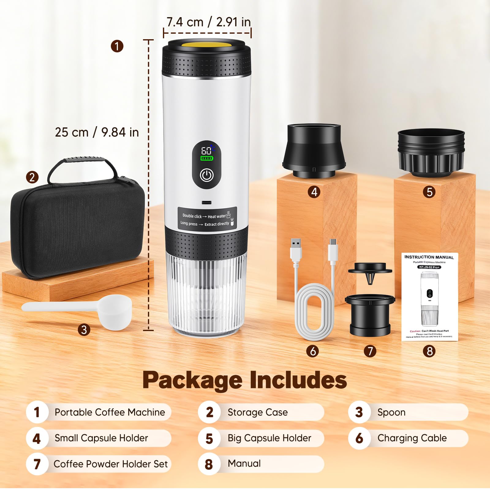 Cafetera Portátil 20 BAR, Batería 7500mAh USB-C, 3 en 1 para Nespresso/Dolce Gusto/Café Molido, Pantalla Inteligente, Compacta para Viaje, Oficina, Camping, Blanco