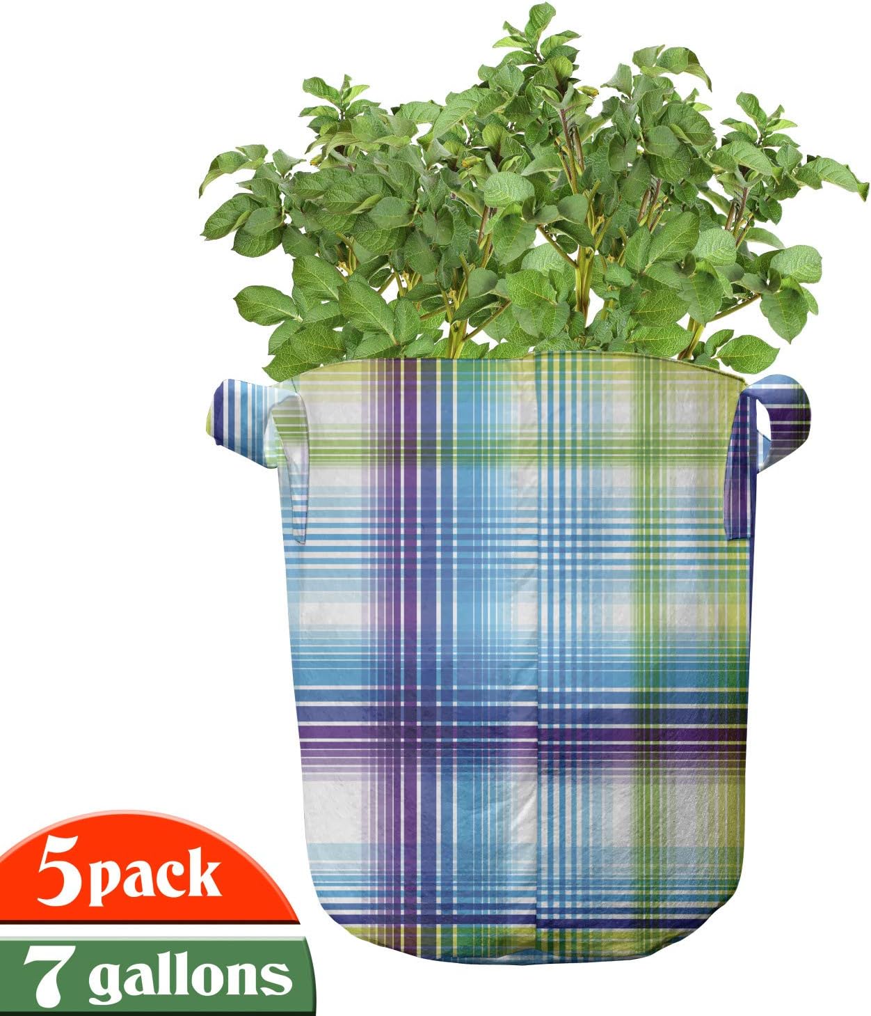 Lunarable Abstract Grow Bags 5-Pack, Checkered Squares Tiles, Heavyduty Fabric Pots with Handles for Plants, 7 Gallon, Multicolor