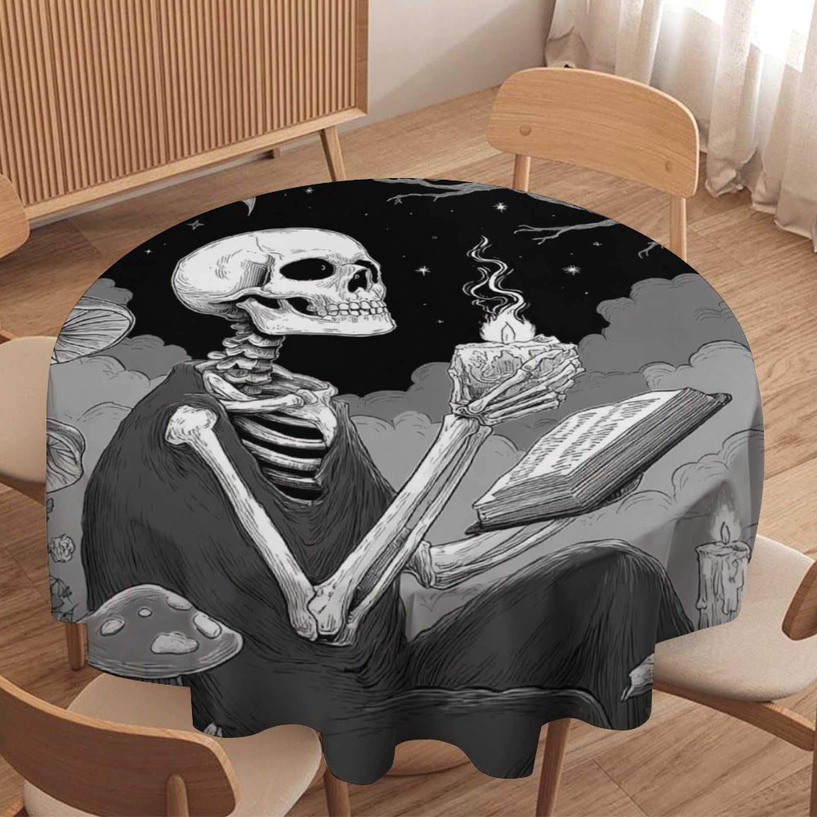 LUYYSKY Retro Abstract Gothic Skeleton Round Tablecloth Rustic Oil Painting Halloween Animal Owl Bats Horror Skull Washable Decor for Table Cover for Kitchen-127 Wx127 L cm
