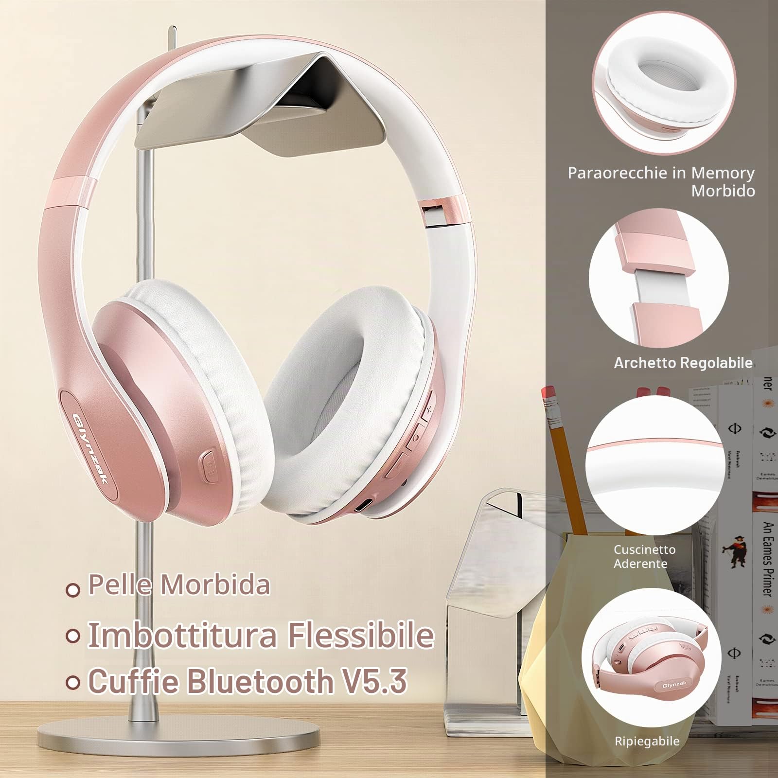 Cuffie Wireless Bluetooth 6.0, 65 Ore Di Riproduzione Cuffie Stereo HiFi con Microfono e 6EQ modalità, Pieghevole Cuffie Bluetooth Over Ear per Viaggio Smartphone Computer Portatile Rose Gold