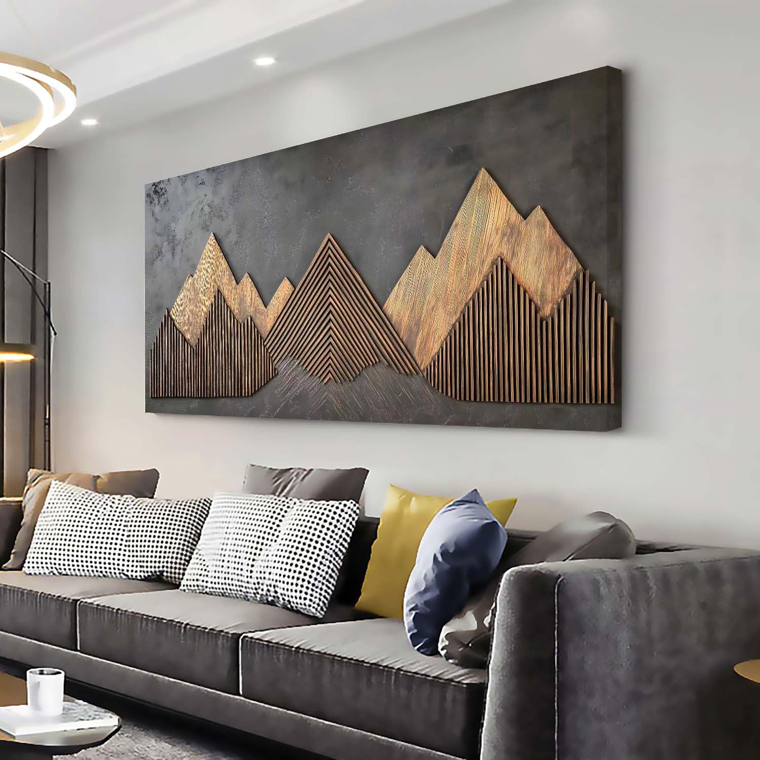 ZESTRILIA Brown Wooden Mountain Range Wall Art for Living Room Canvas Painting Prints Art Deco Artwork Office Bedroom Decor (40x20 Inches)