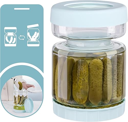 Miniatura 10 de Tarro de cristal para pepinillos con colador, contenedor de pepinillos de 34 onzas, tarro separador de jugo de pepinillos con forma de reloj de