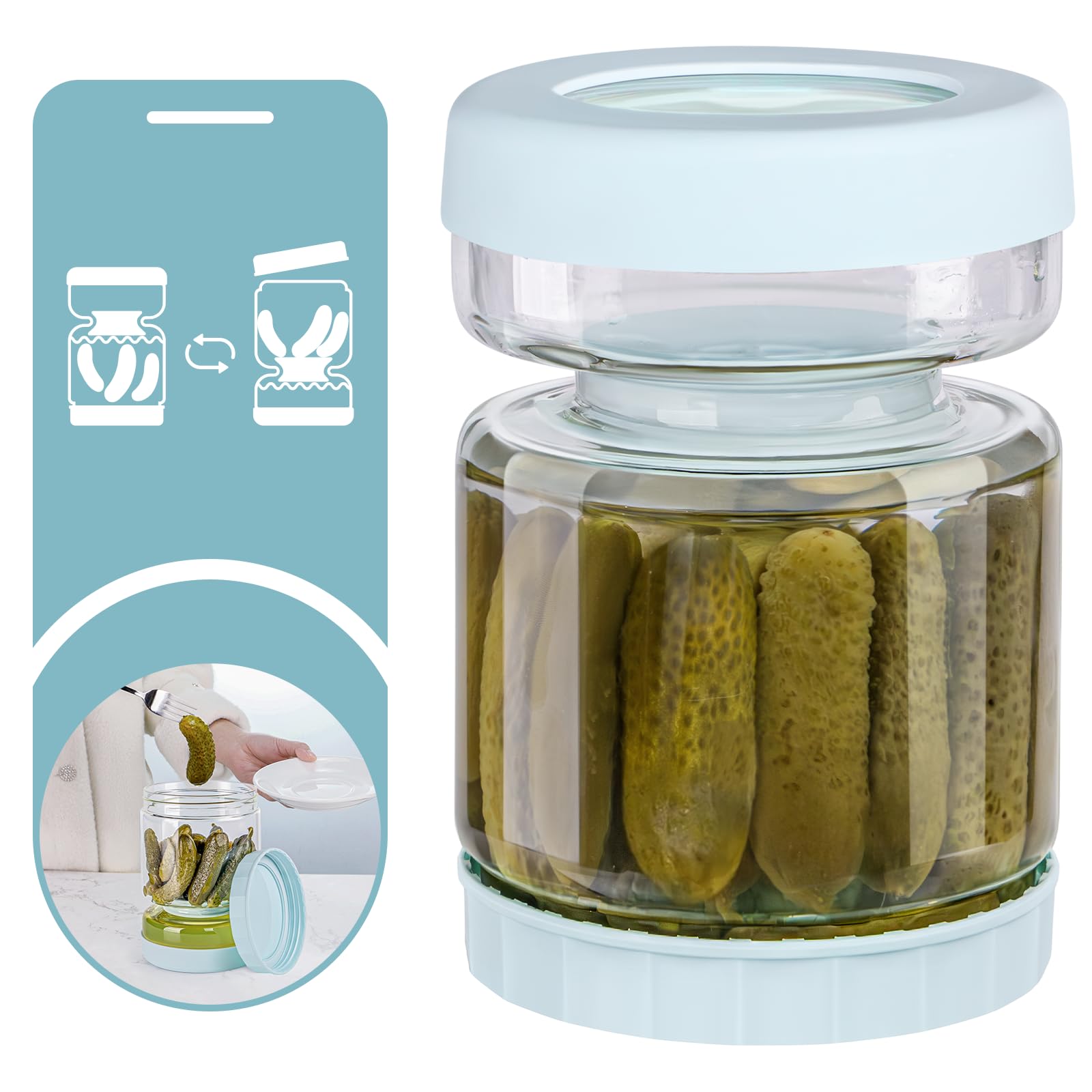 WhiteRhino Glass Pickle Container with Strainer Flip, 51oz Hourglass Pickle Flip Jar, Leakproof Storage, Separates Juice for Olives, Onions, Gherkins